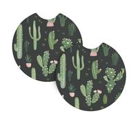 Mexpekil 2 Pack Car Coasters for Cup Holders with Anti-Slip Rubber Base Green Plant Cactus Absorbent Auto Coasters for Drinks Universal Car Accessories for Women Men