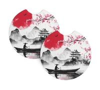 Mexpekil 2 Pack Car Coasters for Cup Holders with Anti-Slip Rubber Base Japanese Ink Painting Absorbent Auto Coasters for Drinks Universal Car Accessories for Women Men
