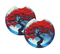 Mexpekil 2 Pack Car Coasters for Cup Holders with Anti-Slip Rubber Base Japanese Red Tree Moon Absorbent Auto Coasters for Drinks Universal Car Accessories for Women Men