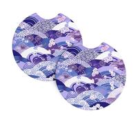 Mexpekil 2 Pack Car Coasters for Cup Holders with Anti-Slip Rubber Base Japanese Wave Purple Floral Absorbent Auto Coasters for Drinks Universal Car Accessories for Women Men