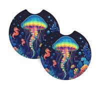 Mexpekil 2 Pack Car Coasters for Cup Holders with Anti-Slip Rubber Base Jellyfish Seahorse Coral Neon Absorbent Auto Coasters for Drinks Universal Car Accessories for Women Men