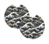 Mexpekil 2 Pack Car Coasters for Cup Holders with Anti-Slip Rubber Base Ocean Waves Japanese Absorbent Auto Coasters for Drinks Universal Car Accessories for Women Men