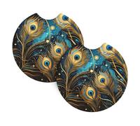 Mexpekil 2 Pack Car Coasters for Cup Holders with Anti-Slip Rubber Base Peacock Feathers Absorbent Auto Coasters for Drinks Universal Car Accessories for Women Men