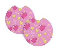 Mexpekil 2 Pack Car Coasters for Cup Holders with Anti-Slip Rubber Base Pink Hearts Yellow Star Absorbent Auto Coasters for Drinks Universal Car Accessories for Women Men