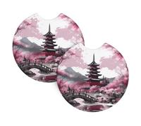 Mexpekil 2 Pack Car Coasters for Cup Holders with Anti-Slip Rubber Base Pink Japanese Scenery Absorbent Auto Coasters for Drinks Universal Car Accessories for Women Men