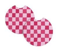Mexpekil 2 Pack Car Coasters for Cup Holders with Anti-Slip Rubber Base Pink Purple Checkerboard Absorbent Auto Coasters for Drinks Universal Car Accessories for Women Men