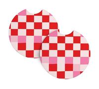 Mexpekil 2 Pack Car Coasters for Cup Holders with Anti-Slip Rubber Base Pink Red Checkerboard Absorbent Auto Coasters for Drinks Universal Car Accessories for Women Men