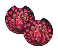 Mexpekil 2 Pack Car Coasters for Cup Holders with Anti-Slip Rubber Base Pink Red Peacock Absorbent Auto Coasters for Drinks Universal Car Accessories for Women Men