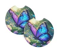 Mexpekil 2 Pack Car Coasters for Cup Holders with Anti-Slip Rubber Base Purple Butterfly Flowers Absorbent Auto Coasters for Drinks Universal Car Accessories for Women Men