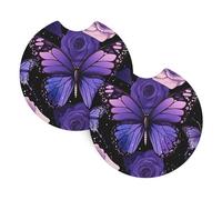 Mexpekil 2 Pack Car Coasters for Cup Holders with Anti-Slip Rubber Base Purple Butterfly Rose Absorbent Auto Coasters for Drinks Universal Car Accessories for Women Men