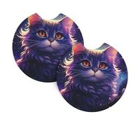 Mexpekil 2 Pack Car Coasters for Cup Holders with Anti-Slip Rubber Base Purple Halloween Cat Absorbent Auto Coasters for Drinks Universal Car Accessories for Women Men