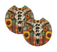 Mexpekil 2 Pack Car Coasters for Cup Holders with Anti-Slip Rubber Base Sheep Skull Sunflower Absorbent Auto Coasters for Drinks Universal Car Accessories for Women Men