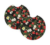 Mexpekil 2 Pack Car Coasters for Cup Holders with Anti-Slip Rubber Base Srawberries Flowers Absorbent Auto Coasters for Drinks Universal Car Accessories for Women Men