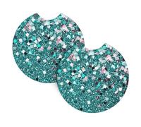 Mexpekil 2 Pack Car Coasters for Cup Holders with Anti-Slip Rubber Base Teal Glitter Absorbent Auto Coasters for Drinks Universal Car Accessories for Women Men