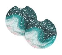 Mexpekil 2 Pack Car Coasters for Cup Holders with Anti-Slip Rubber Base Teal Glitter Marble Absorbent Auto Coasters for Drinks Universal Car Accessories for Women Men