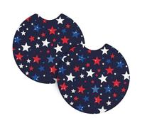 Mexpekil 2 Pack Car Coasters for Cup Holders with Anti-Slip Rubber Base White Blue Red Stars Absorbent Auto Coasters for Drinks Universal Car Accessories for Women Men