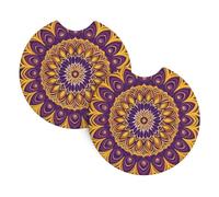 Mexpekil 2 Pack Car Coasters for Cup Holders with Anti-Slip Rubber Base Yellow Purple Indian Mandala Absorbent Auto Coasters for Drinks Universal Car Accessories for Women Men