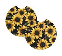 Mexpekil 2 Pack Car Coasters for Cup Holders with Anti-Slip Rubber Base Yellow Sunflowers Absorbent Auto Coasters for Drinks Universal Car Accessories for Women Men