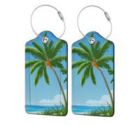 Mexpekil 2 Pack Luggage Tags with Stainless Steel Rings Leather Suitcase Tags Green Palm Trees on The Beach Travel Luggage Identifier Privacy Protection Name Tag Labels for Baggage Handbag Bags