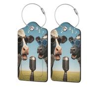 Mexpekil 2 Pack Luggage Tags with Stainless Steel Rings Leather Suitcase Tags Two Cows Sing Travel Luggage Identifier Privacy Protection Name Tag Labels for Baggage Handbag Bags