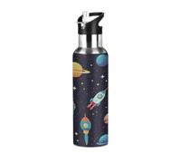 Mexpekil 20oz Thermal Flask, Cartoon Rockets Planets Stainless Steel Insulated Water Bottle with Straw, Leakproof Sports Bottle for Gym, Travel, Workouts