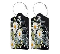 Mexpekil Abstract Music Notes Daisy Flower Luggage Tags for Suitcases, 4 Pcs Leather Travel Tags for Luggage with Steel Loop Waterproof Name Id Card, Men Women Kids Travel Gift