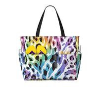Mexpekil Animal Print Rainbow Large Beach Bags for Women Men Waterproof Sandproof Beach Tote Bag with Zip and Pockets Foldable Summer Holiday Handbags for Travel Pool Seaside
