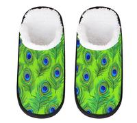 Mexpekil Art Green Peacock Feathers Fluffy Slippers for Women Men L