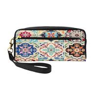Mexpekil Art Mexican Ceramic Tile Boho Damask Pencil Case Travel Makeup Pouch Pen Bag Holder Purse Leather Cosmetic Makeup Brush Bag Stationery Box for Kids Girls Boy School Office Supplies