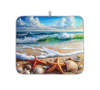 Mexpekil Art Painted Ocean Beach Starfish Seashell Dish Drying Mat 16x18 in, Absorbent Kitchen Counter Mats Dish Drainer Pad, Quick Dry Coffee Bar Mat