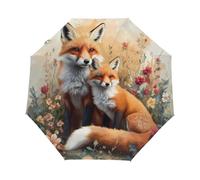 Mexpekil Automatic Folding Umbrellas Open Close, Cartoon Foxes In The Flowers Animals Print Windproof Compact Umbrella for Women and men