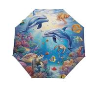 Mexpekil Automatic Folding Umbrellas Open Close, Sea Animals Dolphin Underwater Turtle Fish Windproof Compact Umbrella for Women and men
