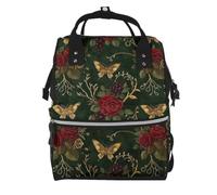 Mexpekil Baby Changing Bag Backpack Large Nappy Bags for Mum Dad | Golden Moth Red Rose Waterproof Diaper Bag Lightweight Travel Nappy Bag Organiser Pouches Gift for New Parents