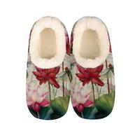 Mexpekil Beautiful Lotus Flowers Women's & Men's Slippers with Fluffy Collar Winter Warm House Slippers Anti-Slip Indoor House Shoes Gifts for Mum Dad (Sizes UK 8-9)