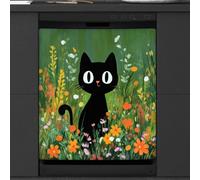 Mexpekil Black Cat Flower Field Dishwasher Magnet Cover 21x26Inch Decorative Dish Washer Sticker for Front Door Waterproof Kitchen Appliance Panel Magnetic Decal