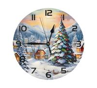 Mexpekil Black Christmas Tree Gift Village Silent Wall Clock Non Ticking 25cm Round Wall Clocks Battery Operated Modern Decorative Clock for Living Room Kitchen Bedroom Office