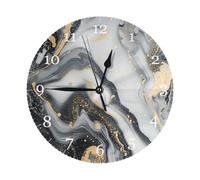 Mexpekil Black Grey Marble Silent Wall Clock Non Ticking 25cm Round Wall Clocks Battery Operated Modern Decorative Clock for Living Room Kitchen Bedroom Office