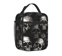 Mexpekil Black Skull Heads Insulated Lunch Bag for Women Men Thermal Lunch Box Portable Picnic Cooler Bag with Side Mesh Pocket Adults Lunchbox for Work
