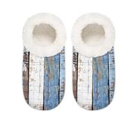 Mexpekil Blue Brown Rustic Beach Wooden Women's Slippers Size 9-10.5 Soft Fuzzy House Slipper Non Slip Home Shoes for Women Men Ladies