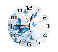 Mexpekil Blue Butterfly Round Wall Clock, Winter Silent Non-ticking Battery Operated Decor Clocks for Kitchen Living Room Bedroom Desktop Stand Clock Art 25cm