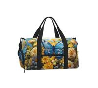 Mexpekil Blue Butterfly Yellow Flower Gym Bag with Shoe Compartment Waterproof Duffel Bag Large Overnight Weekend Bags Travel Holdall for Women Men Teens