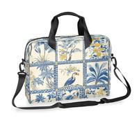 Mexpekil Blue Floral Bird Patchwork Retro Painting Laptop Bag for Women Men 14 15.6 16in Computer Briefcase Lightweight Water-Resistant Shoulder Messenger Bag for Work Satchel with Adjustable Strap