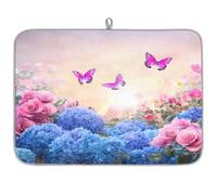 Mexpekil Blue Flower Pink Rose Butterfly Dish Drying Mat 18x24 in, Absorbent Kitchen Counter Mats Dish Drainer Pad, Quick Dry Coffee Bar Mat
