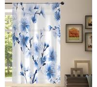 Mexpekil Blue Japanese Cherry Blossom Voile Curtains 84 Drop, Semi Sheer Curtains for Living Room Bedroom Home Kitchen, 55 inches Wide, 1 Panel