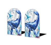 Mexpekil Blue Ocean Whale Starfish World Map 2 Pcs Bookends for Shelves Decorative Wood Bookends for Heavy Books Anti-Slip Book Ends Stopper Holder for Desk School Office