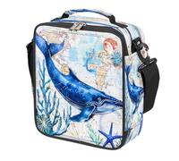 Mexpekil Blue Sea Whale Starfish World Map Kids Lunch Bag Boys Girls, Square Thermal Insulated Lunch Box, Reusable Cooler Tote for School Picnic Travel