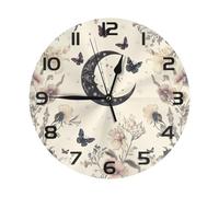 Mexpekil Boho Moon Floral Black Silent Wall Clock Non Ticking 25cm Round Wall Clocks Battery Operated Modern Decorative Clock for Living Room Kitchen Bedroom Office