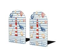 Mexpekil Book Ends Blue Stripes Seashell Whale Lighthouse Wood Bookends For Shelves Non-Slip Bookends Support 2 Pcs Heavy Duty Book Stopper Holder For Office Library School Kids Room