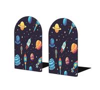 Mexpekil Book Ends Cartoon Space Rockets Planet Wood Bookends For Shelves Non-Slip Bookends Support 2 Pcs Heavy Duty Book Stopper Holder For Office Library School Kids Room