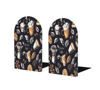 Mexpekil Book Ends Coffee Theme Pattern Beans Cup Wood Bookends For Shelves Non-Slip Bookends Support 2 Pcs Heavy Duty Book Stopper Holder For Office Library School Kids Room